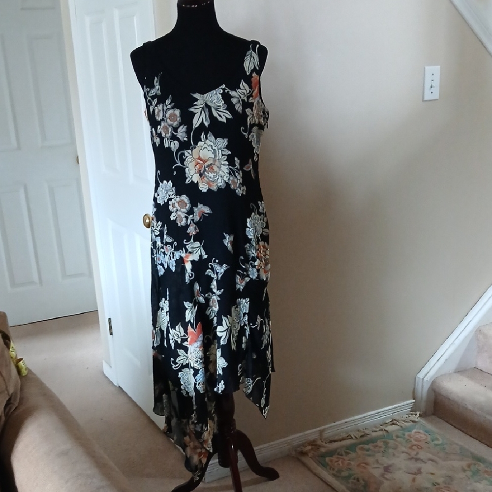 Black Floral Asymmetrical Slip Dress with Delicate Floral Print